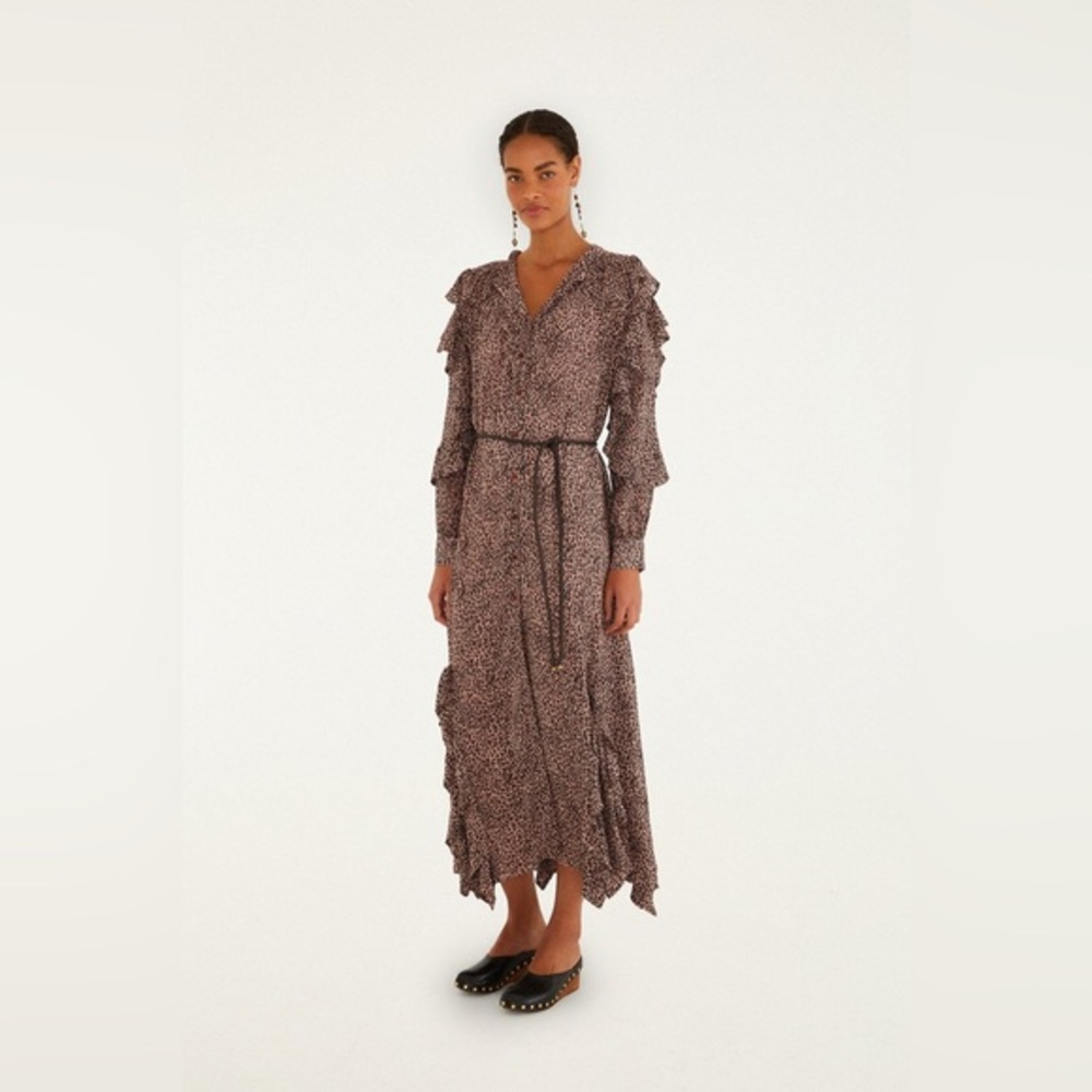 FARM Rio Pink Baby Leopard Long Sleeve Angled Frill Maxi Dress
